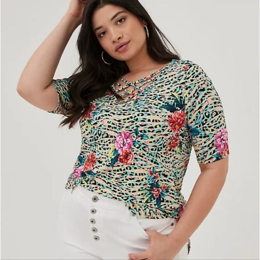 Torrid Super Soft Knit Strappy Favorite Tunic Top Elbow Sleeves Leopard Floral